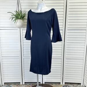 Yoana‎ Baraschi Blue Textured Sheath Dress 3/4 Bell Sleeve Womens Size L